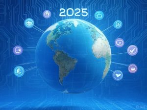 Globo terráqueo digital con iconos de tendencias tecnológicas 2025