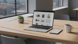 Tienda online mostrada en un laptop sobre un escritorio de oficina