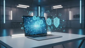 Concepto de automatización digital con engranajes y escudo de seguridad