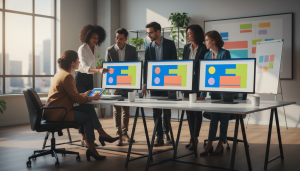 Equipo de marketing digital analizando dashboards de datos en pantallas