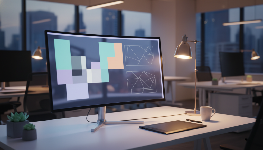 Diseño de wireframes y paleta de colores en un monitor de diseño gráfico
