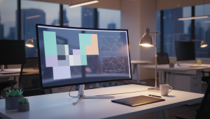 Diseño de wireframes y paleta de colores en un monitor de diseño gráfico