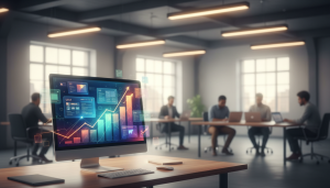 Gráfico de crecimiento de métricas digitales en pantalla de oficina