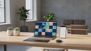 Diseño web responsivo mostrado en laptop y móvil sobre un escritorio