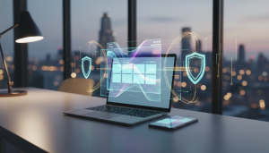 Concepto de seguridad web con laptop y escudos digitales de protección
