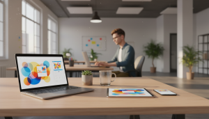 Diseño gráfico colorido mostrado en laptop, tablet y móvil
