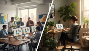 Comparación entre trabajo en equipo en oficina y trabajo remoto desde casa