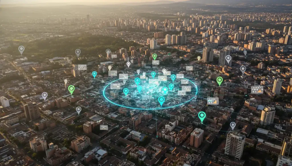 Vista aérea de una ciudad con puntos de ubicación digital geolocalizados