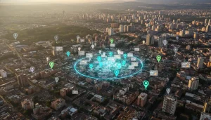 Vista aérea de una ciudad con puntos de ubicación digital geolocalizados